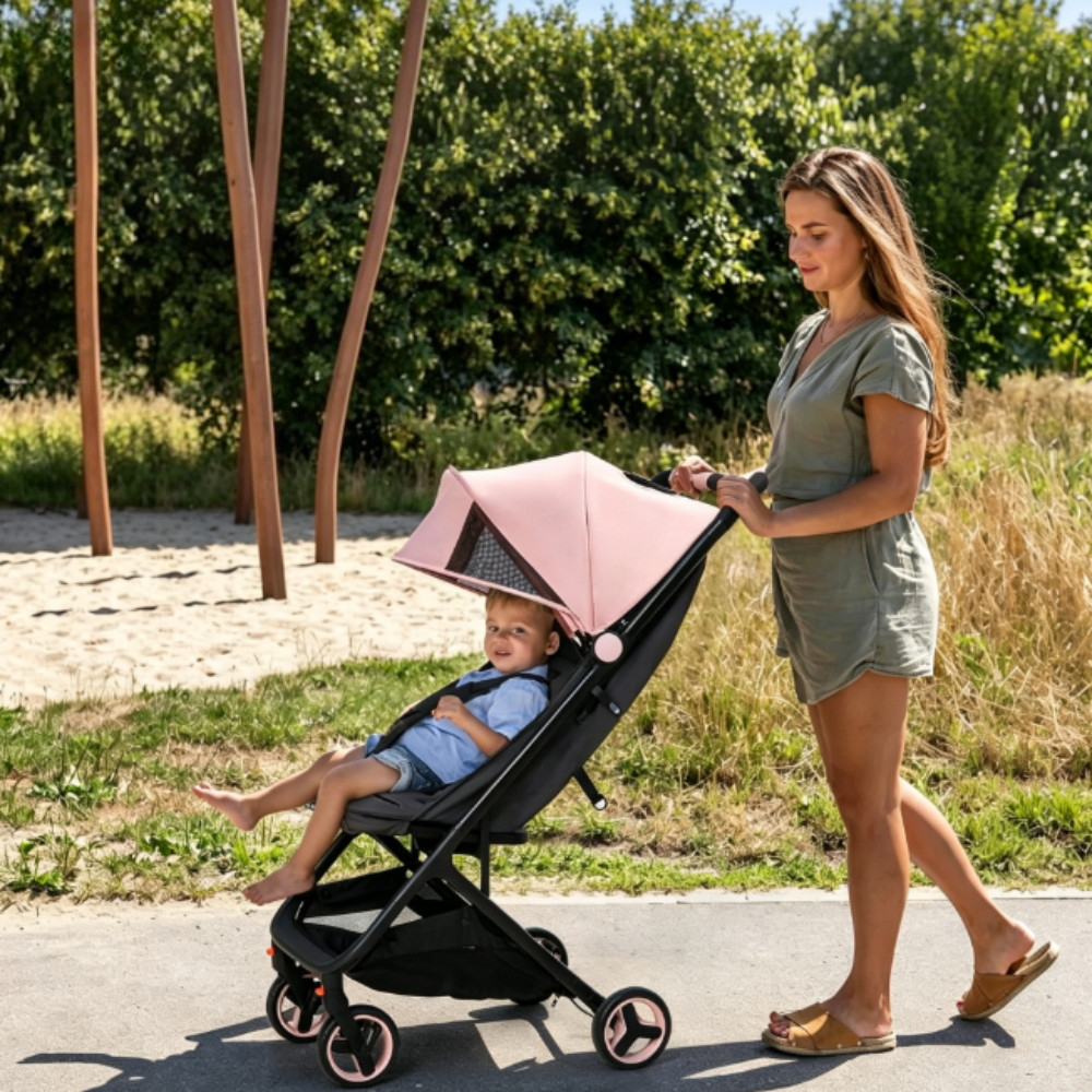 Lightweight Compact Travel Stroller One Hand Fold Airplane Friendly Recline Pink