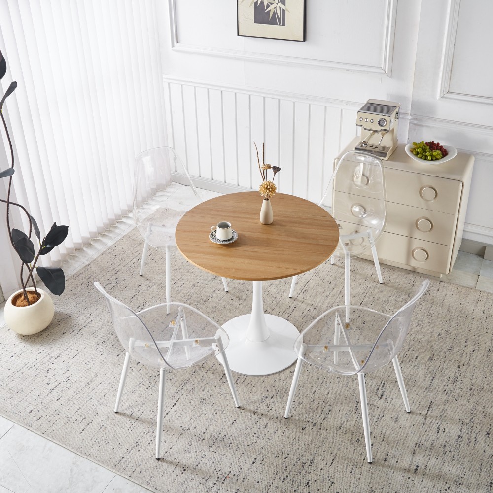 Round Marble Pattern Pub Dining Set 5Pcs 1 Table 4 Chairs Matte White MDF Metal