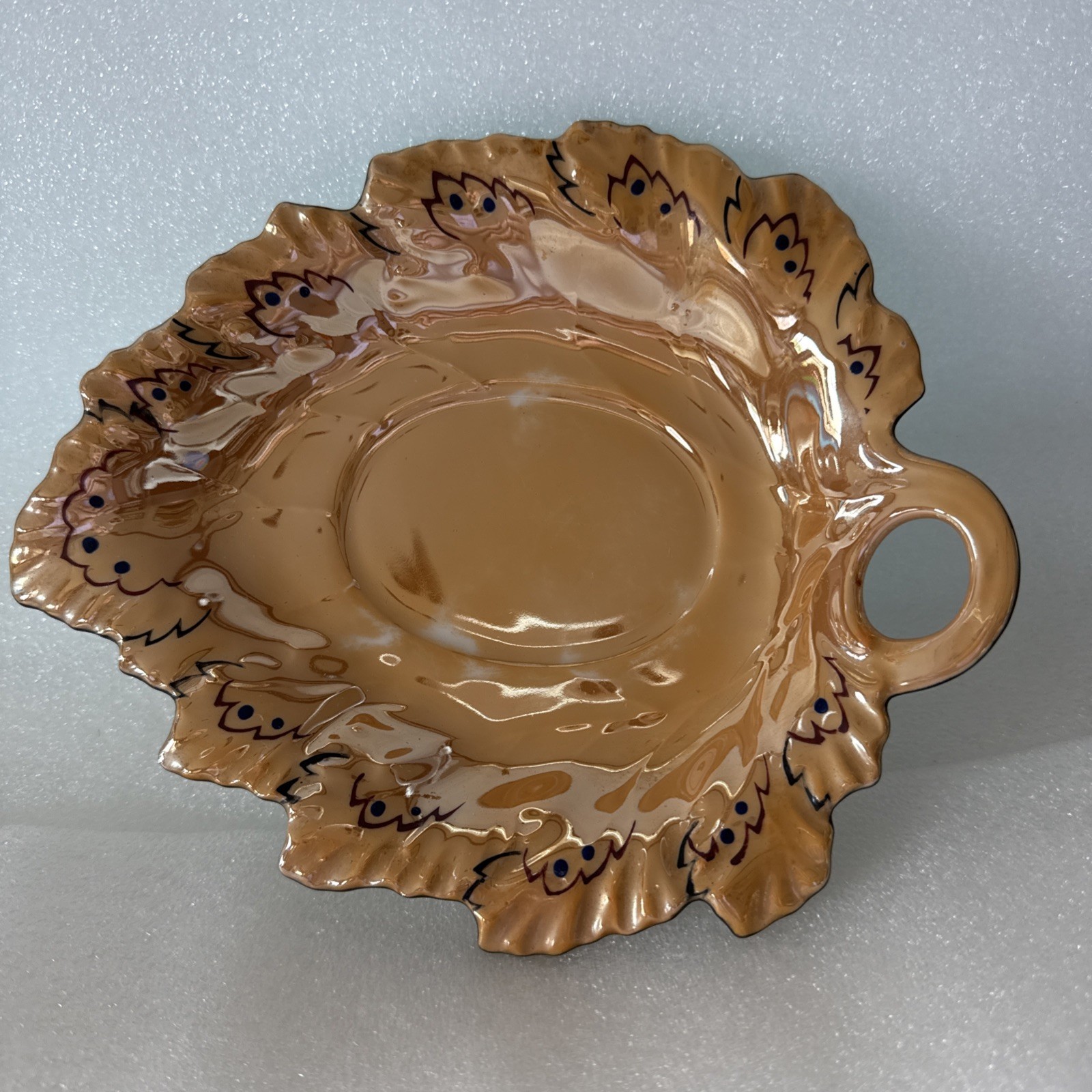Vintage Hand-Painted Iridescent Orange Ceramic Leaf Bon-Bon Candy Dish 8"x6.5"