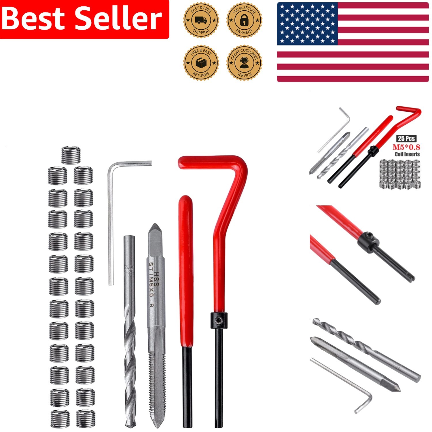 M5 x 0.8mm Thread Repair Kit, 30pc Stainless Steel Inserts, Helicoil Compatib...