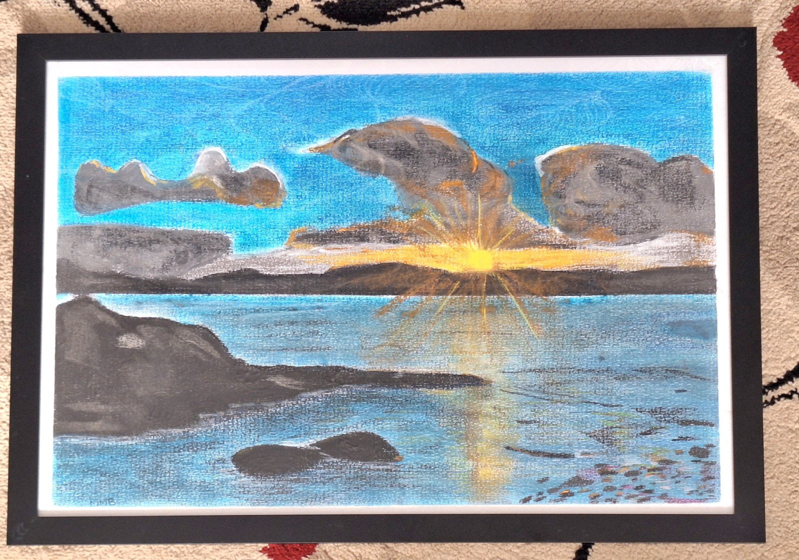 A2 Size Framed Original Pastel Drawing. Sunrise over Sea