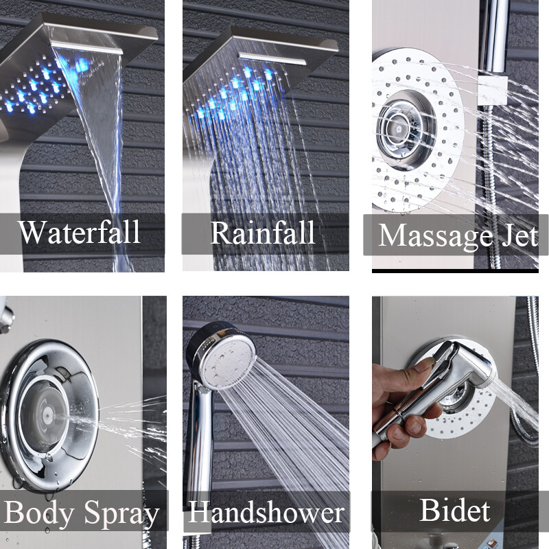 Stainless Steel LED Rain Waterfall Shower Panel Tower Column System Massage Jets
