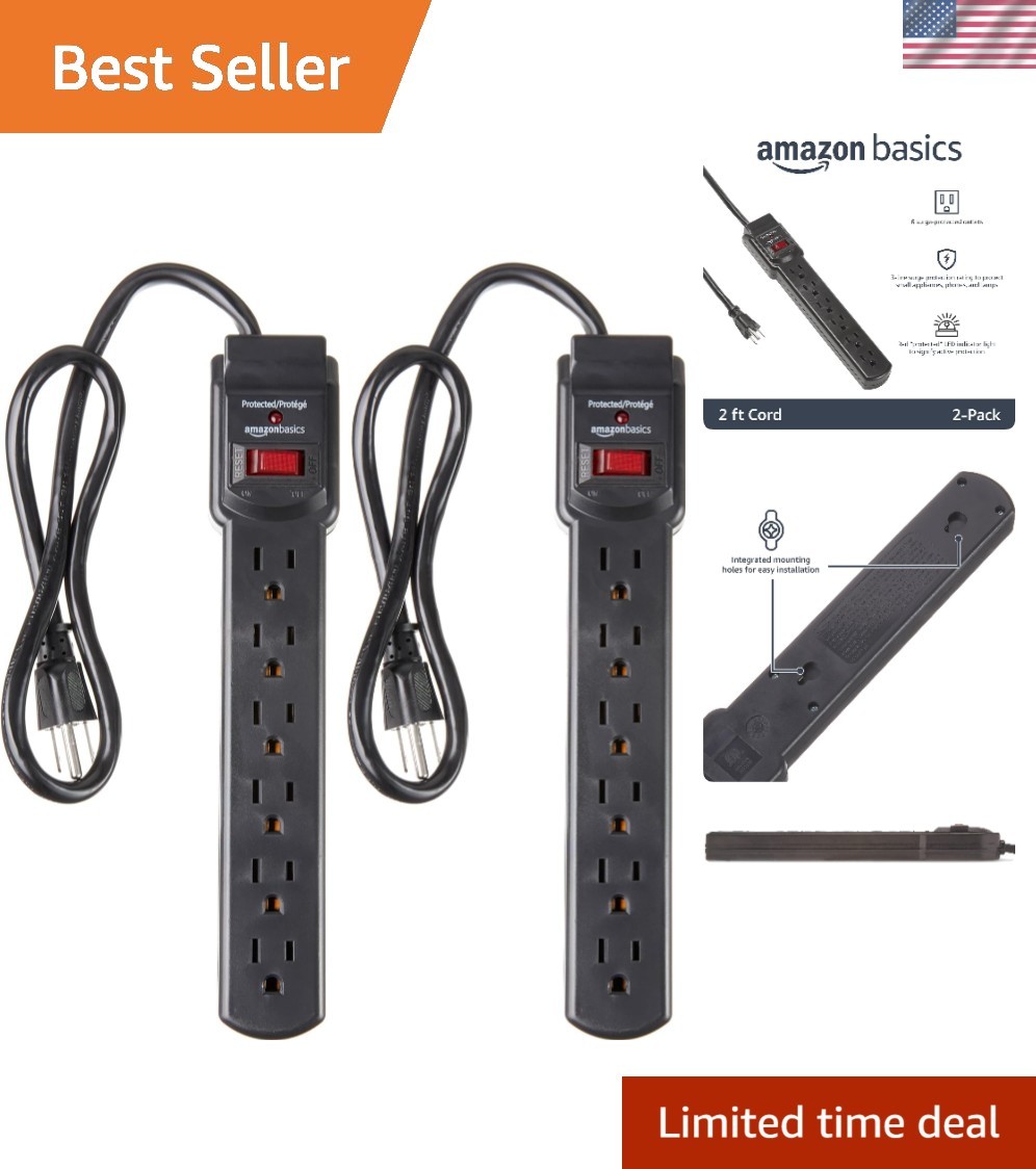 6-Outlet Surge Protector Power Strip with 200J Protection, Circuit Breaker, 2...