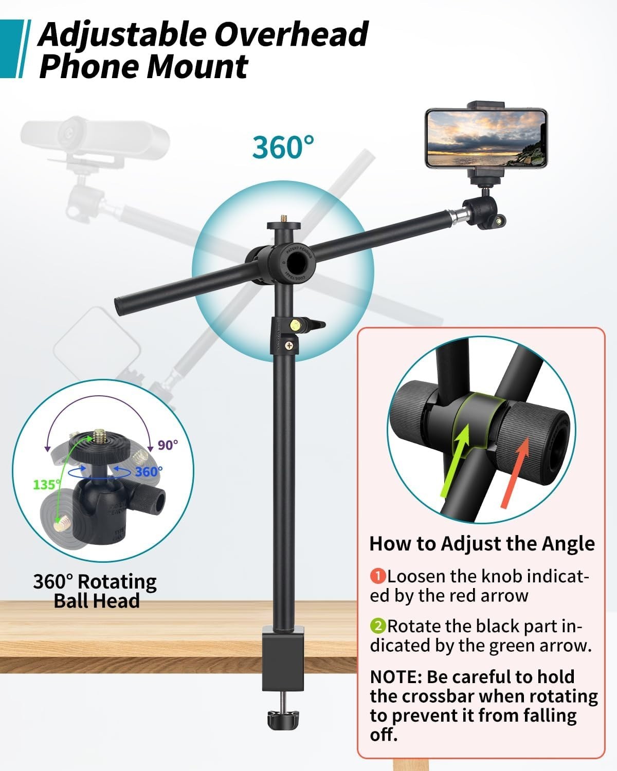Overhead Camera Mount Desk Stand 360 Adjustable Magic Arm Webcam Phone Clamp