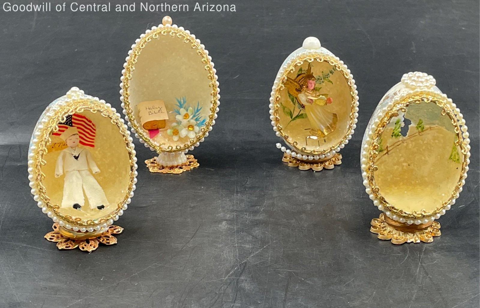 Lot Of 4 Hand Crafted Decorative Eggs W/ Pearl Beaded Boarders & Gold Tone Trim