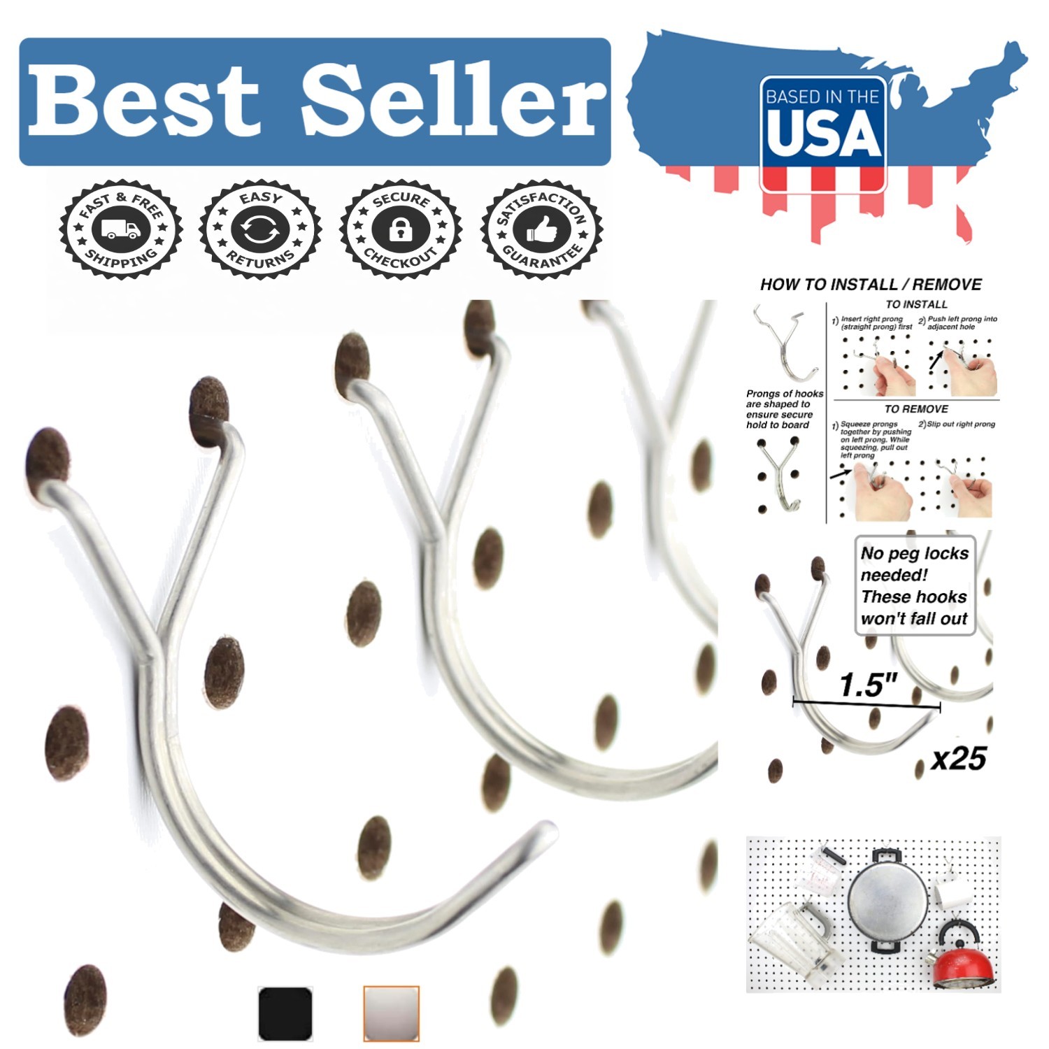 Multipurpose 1.5” Stainless Steel Pegboard Hooks - Heavy Duty & Non-Fall Design