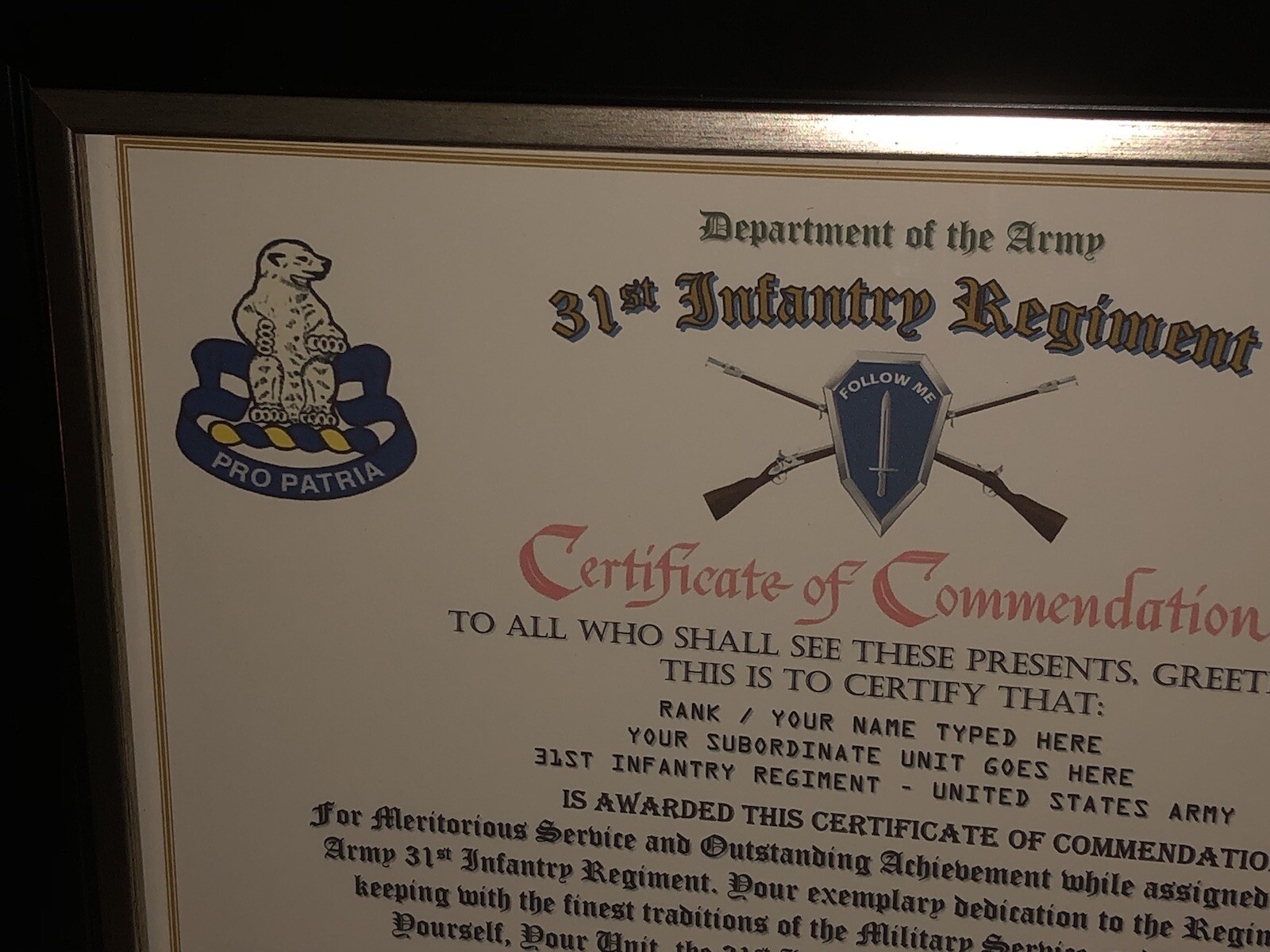 31ST INFANTRY REGIMENT / COMMEMORATIVE - CERTIFICATE OF COMMENDATION