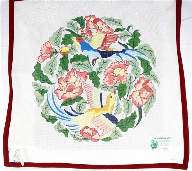 Decorations No D-4 Round Floral Birds Hand Painted NP Canvas Needlepoint Attic