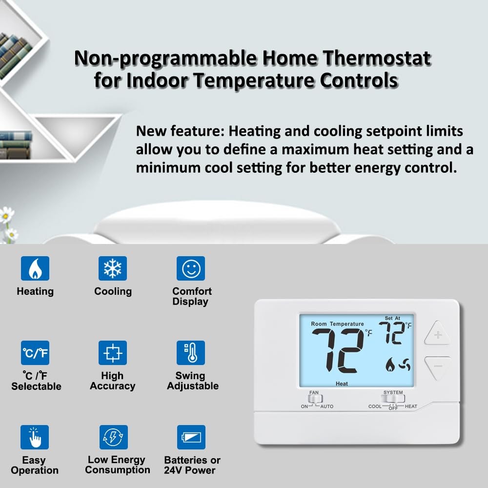 Thermostat for Home Non-Programmable Single-Stage Systems,1 Heat / 1 Cool,Eas...