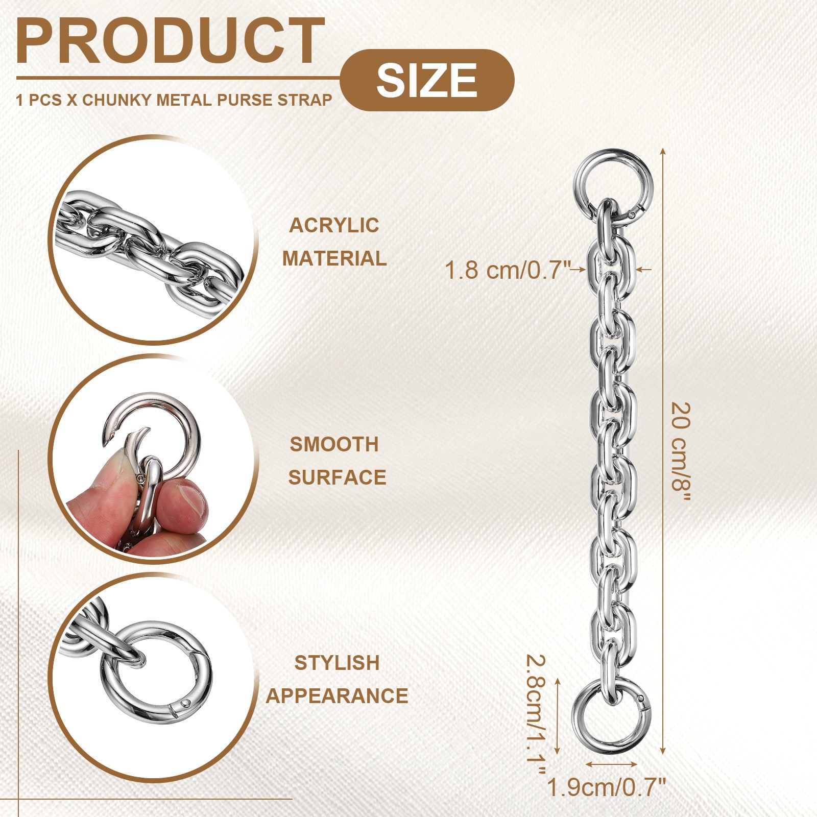 8" Acrylic Purse Chain Handbag Strap with Buckle, Silver White, 0.7" Width