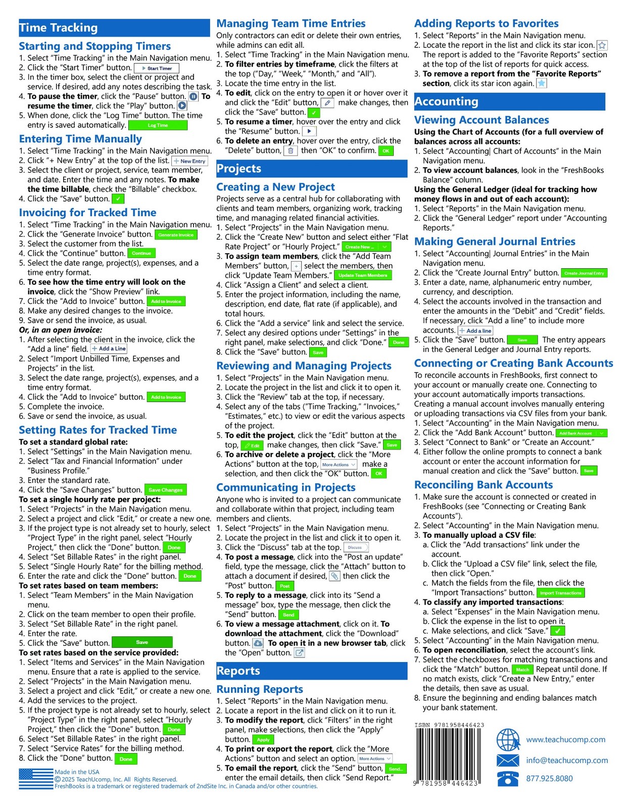 FreshBooks Accounting Training Guide Quick Reference Card 4 Page Cheat Sheet