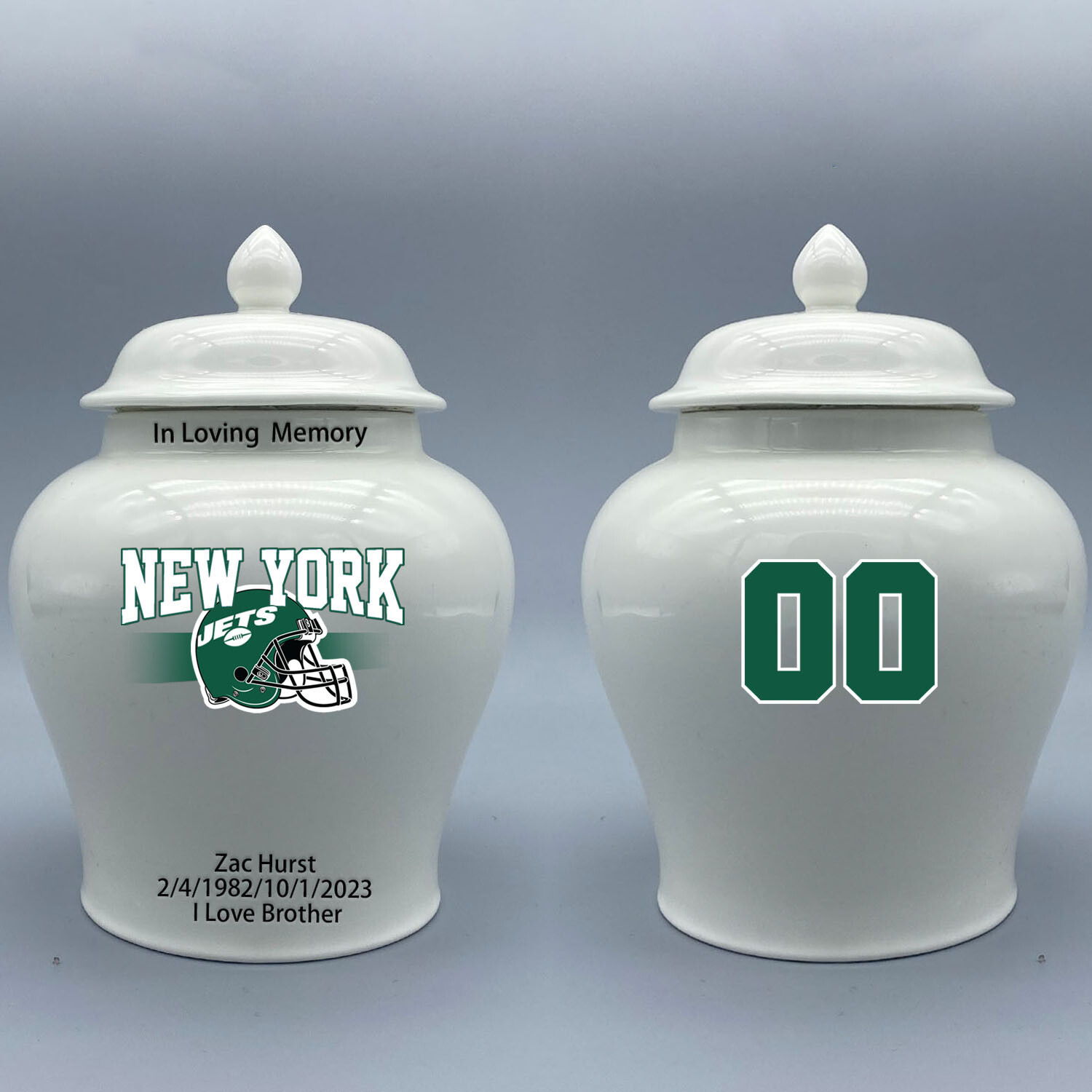Ceramic Medium Urn for New York Jets Football Theme, Custom Text & Number