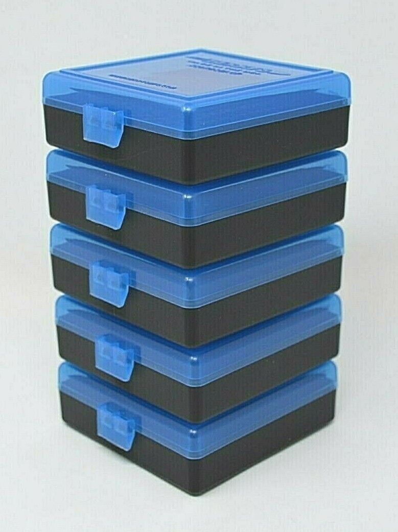 22 lr Ammo Box / Case / Storage (5 PACK) Capacity 100 / BLUE TOP - BLACK BOTTOM