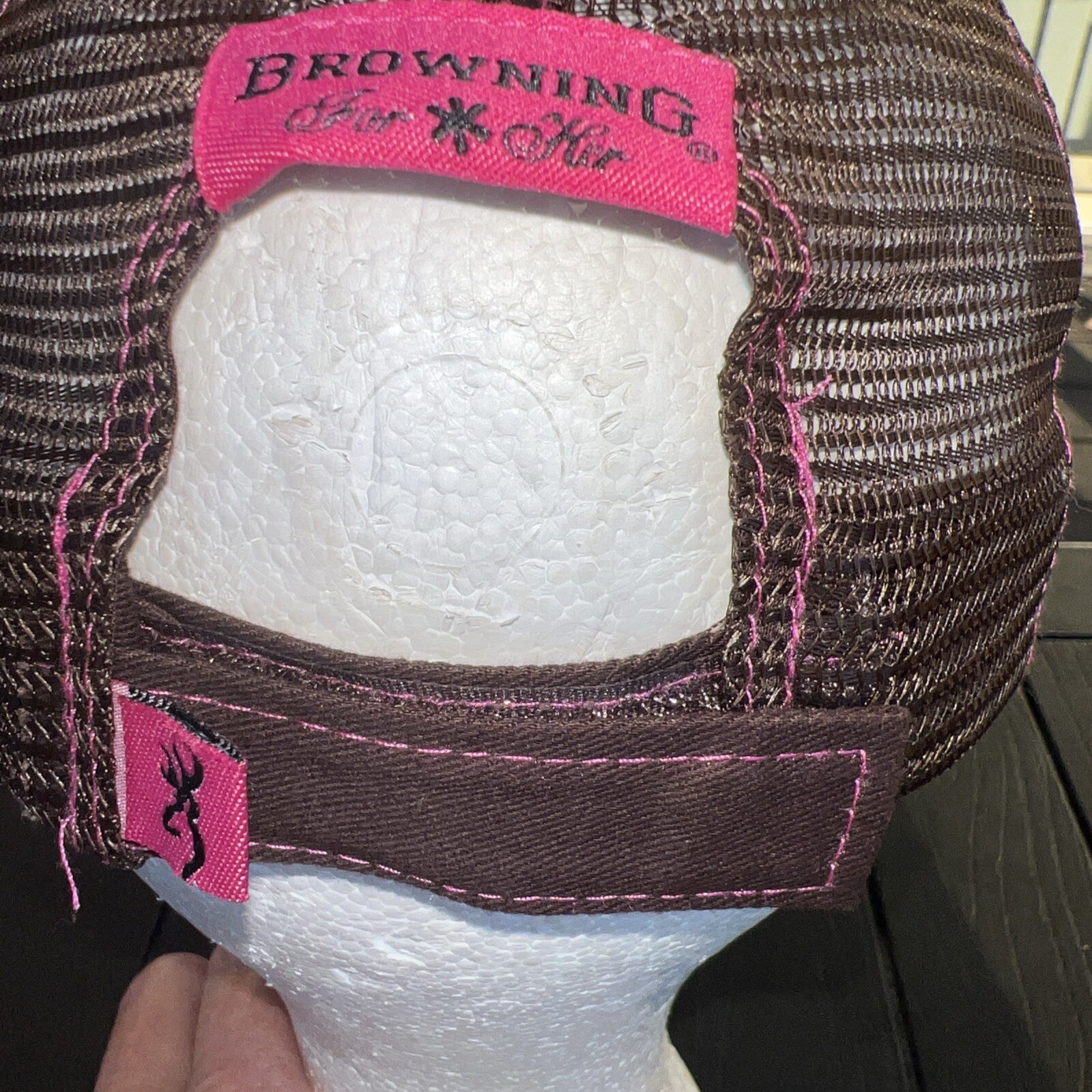 Browning for Her in Pink on Brown Trucker Hat Cap Rhinestone Logo Hook Loop EUC