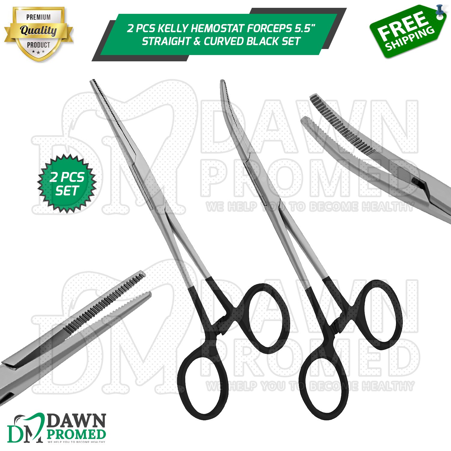 2 Pcs Kelly Hemostat Forceps 5.5" Straight & Curved Black Surgical Set German Gr