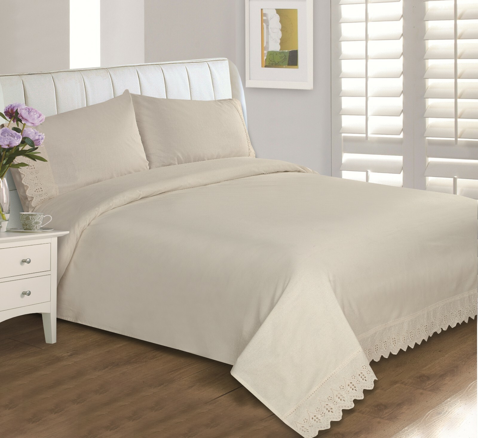 Eyelet Lace Cotton 400 Thread Count Bedding Sheet Set, Wrinkle Free Super Soft