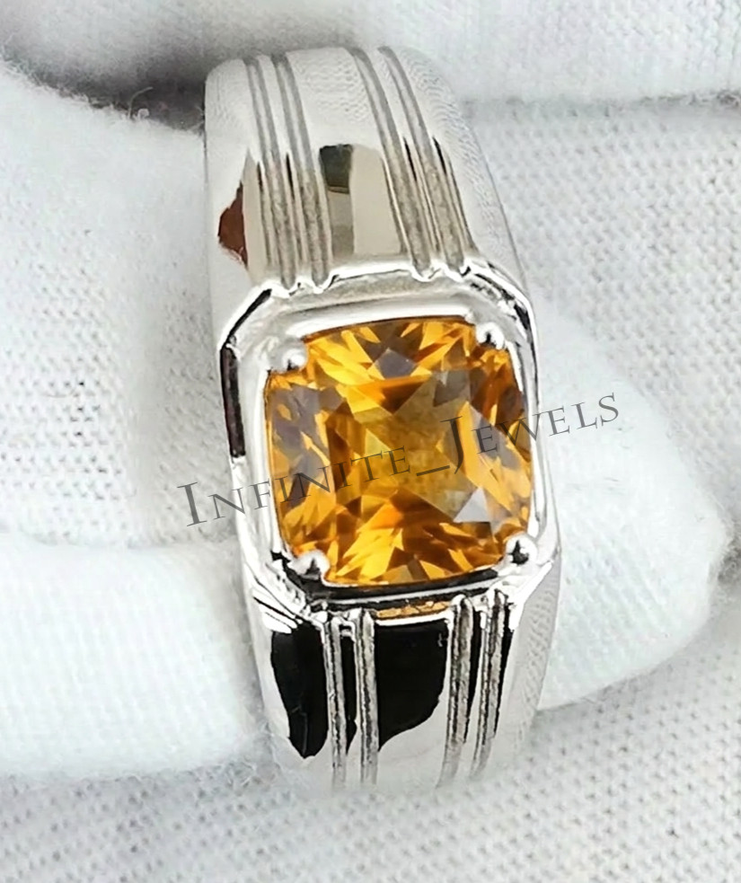 Citrine Gemstone Ring For Men's With 925 Sterling Silver 8x8MM Cushion Cut Ring