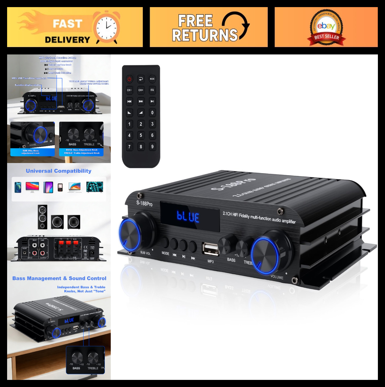 2.1 Channel Mini Amplifier 50W×2 Hi-Fi Audio Receiver Bluetooth USB AUX Subwoofe