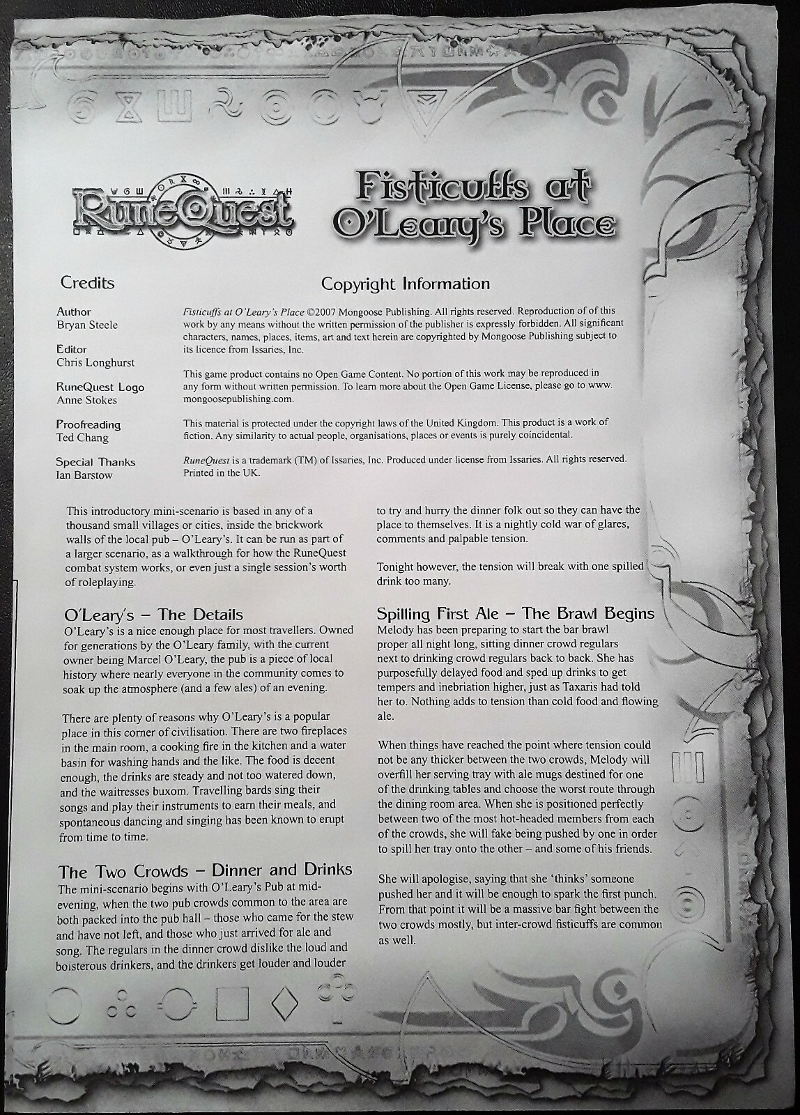 RuneQuest FISTICUFFS AT O'LEARY'S PLACE RPG Mongoose Publishing