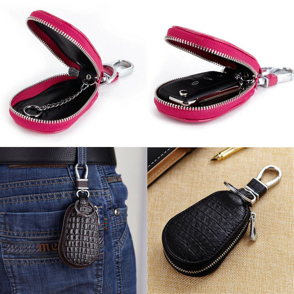 Leather Car Key Case Universal Key Fob Holder Bag with Key Chain Metal Hook USA