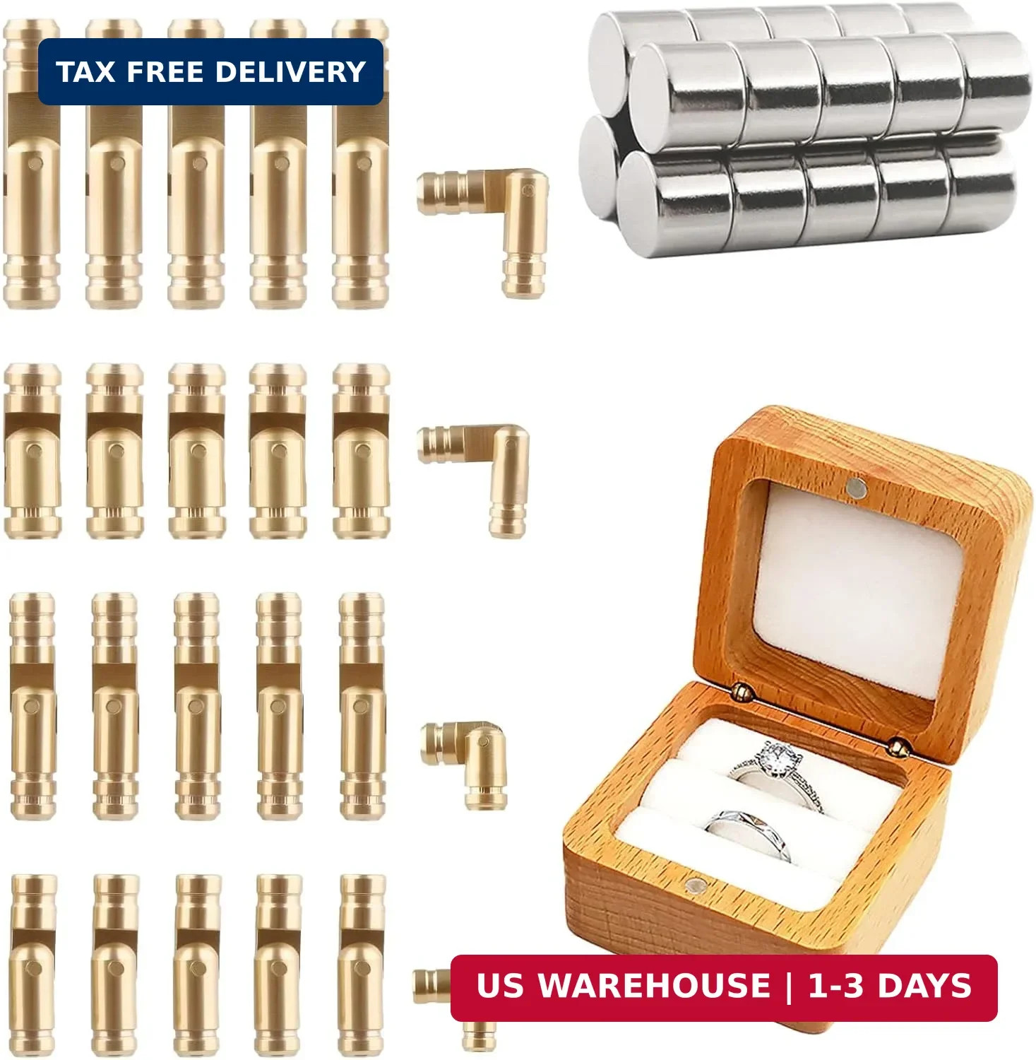 Brass Hidden Hinges Set with Magnets, 24 Cylinder Hinges in 4 Sizes, 26 Magnets,