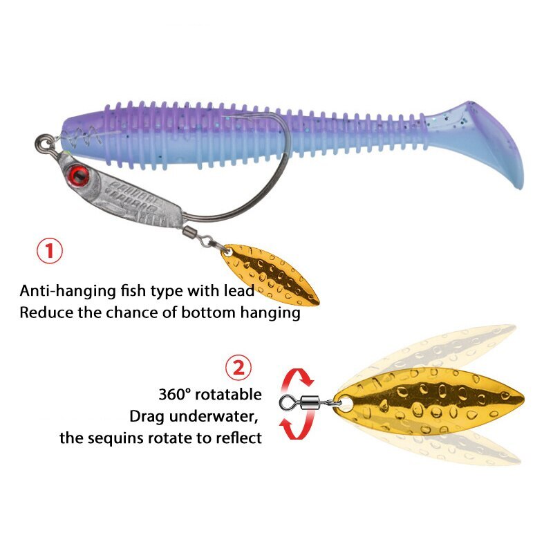 10PCS Offset Hooks Weighted Fishing Hook Wide Gap Weedless Hook Worm & Spinner