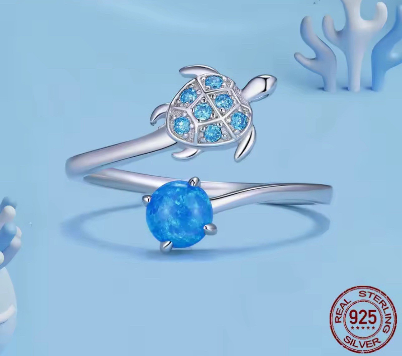Opal Sea Turtle Ring Adjustable One Size Sealife Genuine 925 Sterling Silver 💖