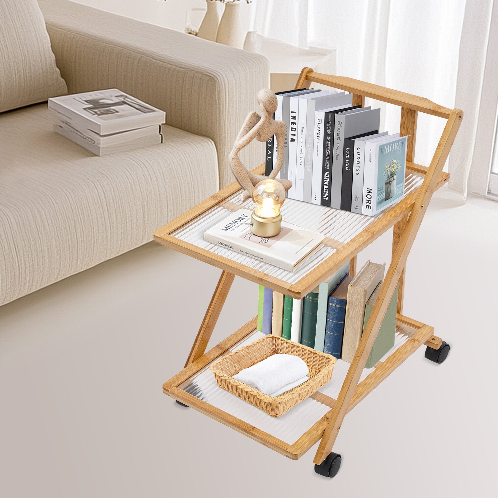 2 Tiers Bamboo Storage Rack, Floor Standing Storage Stand, Foldable Storage Rack