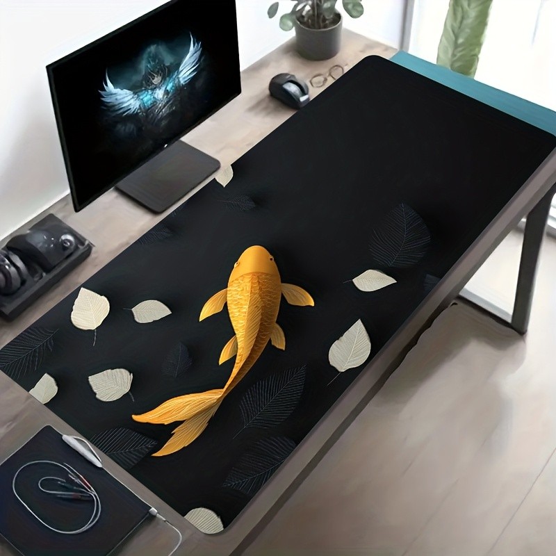 A Large Gaming Mouse Pad Featuring a Golden Koi And Black And White Leaf Design