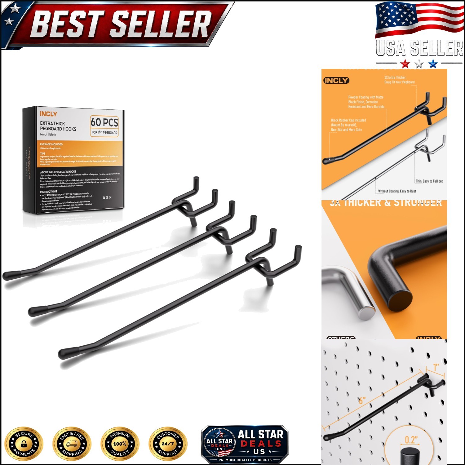 60 Pack Heavy Duty 6-Inch Black Pegboard Hooks - Perfect for Garage & Crafting