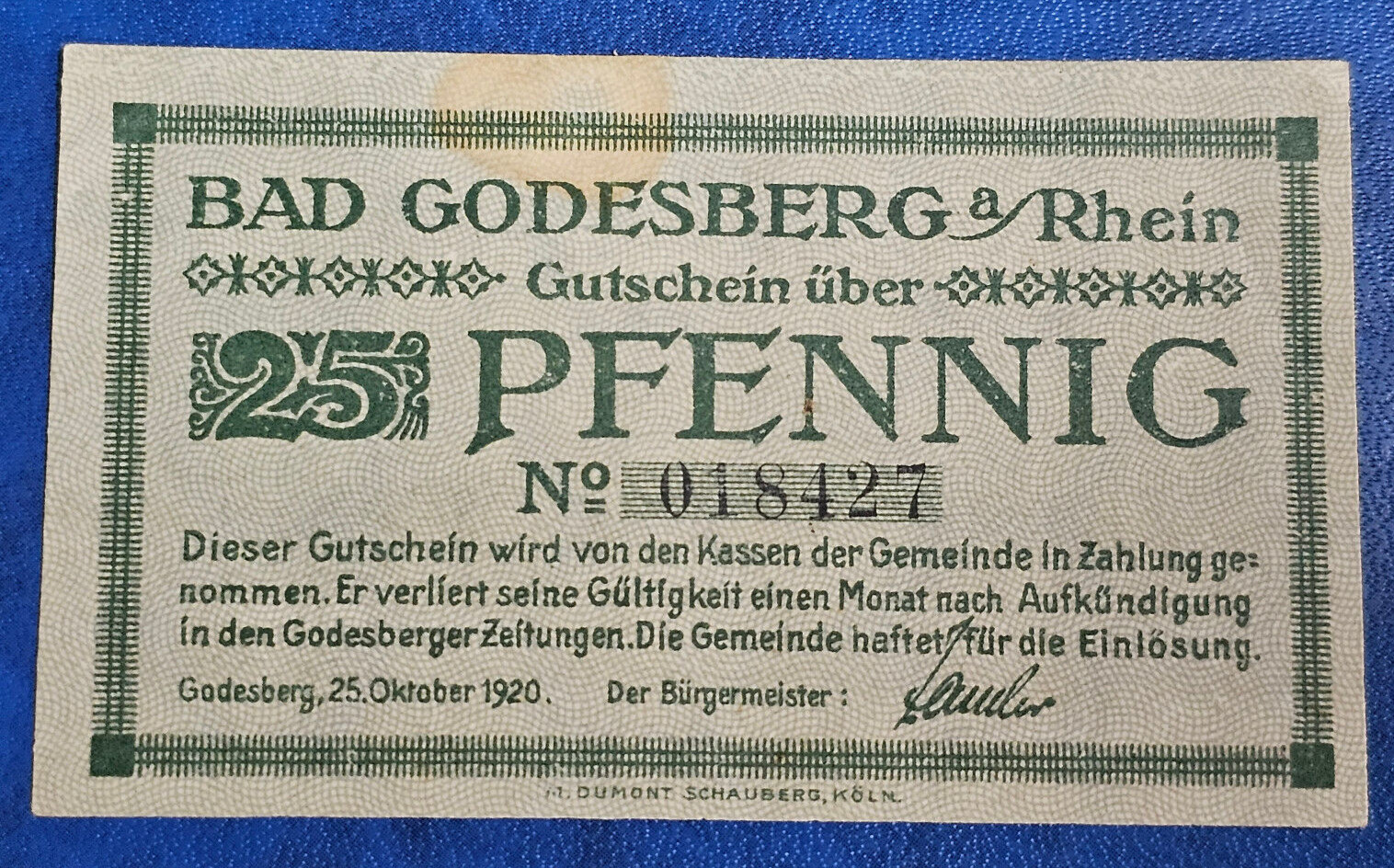 BAD GODESBERG NOTGELD 25 PFENNIG 1920 EMERGENCY MONEY GERMANY [🇩🇪35378]