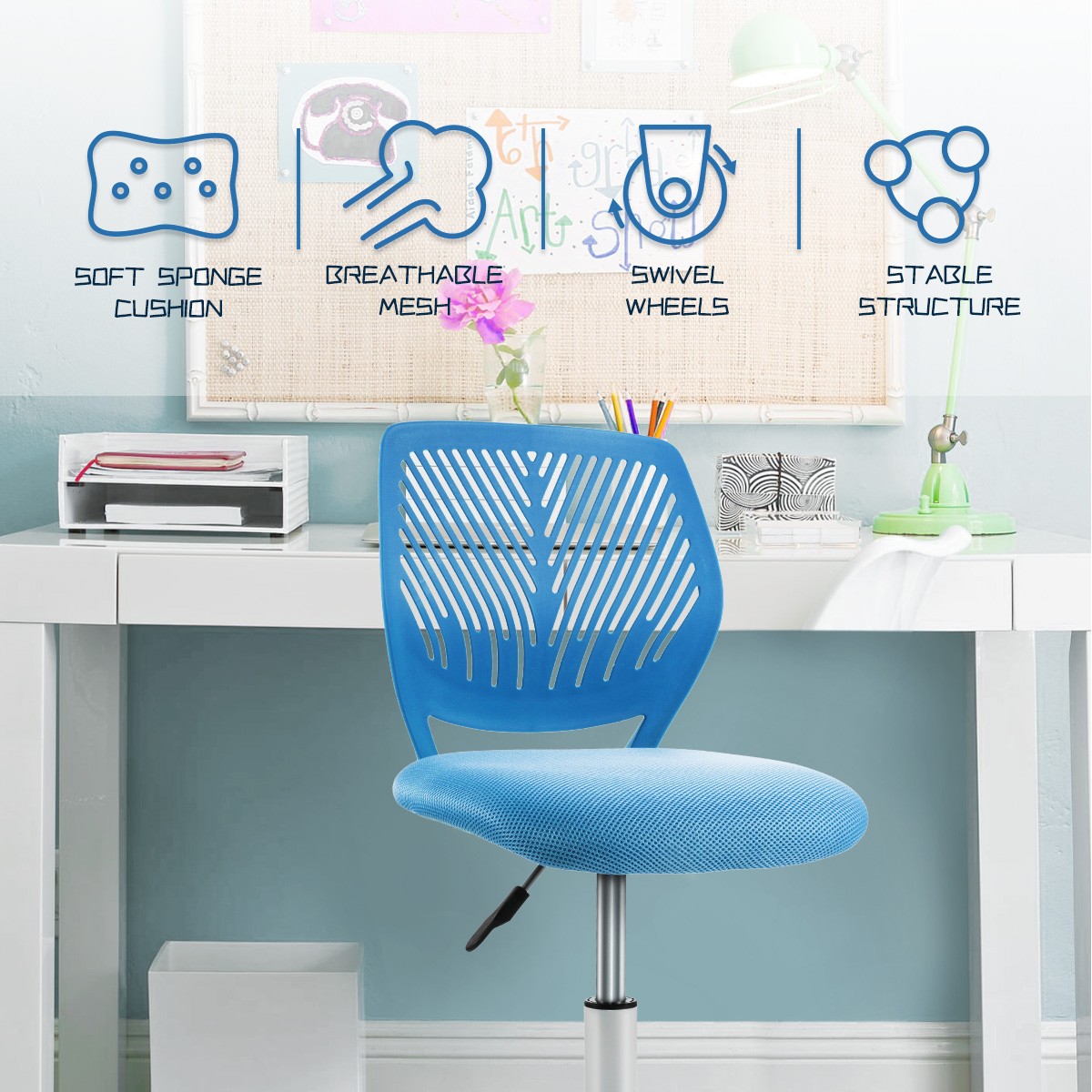 Office Task Desk Armless Chair Adjustable Mid Back Swivel Study Chair Blue