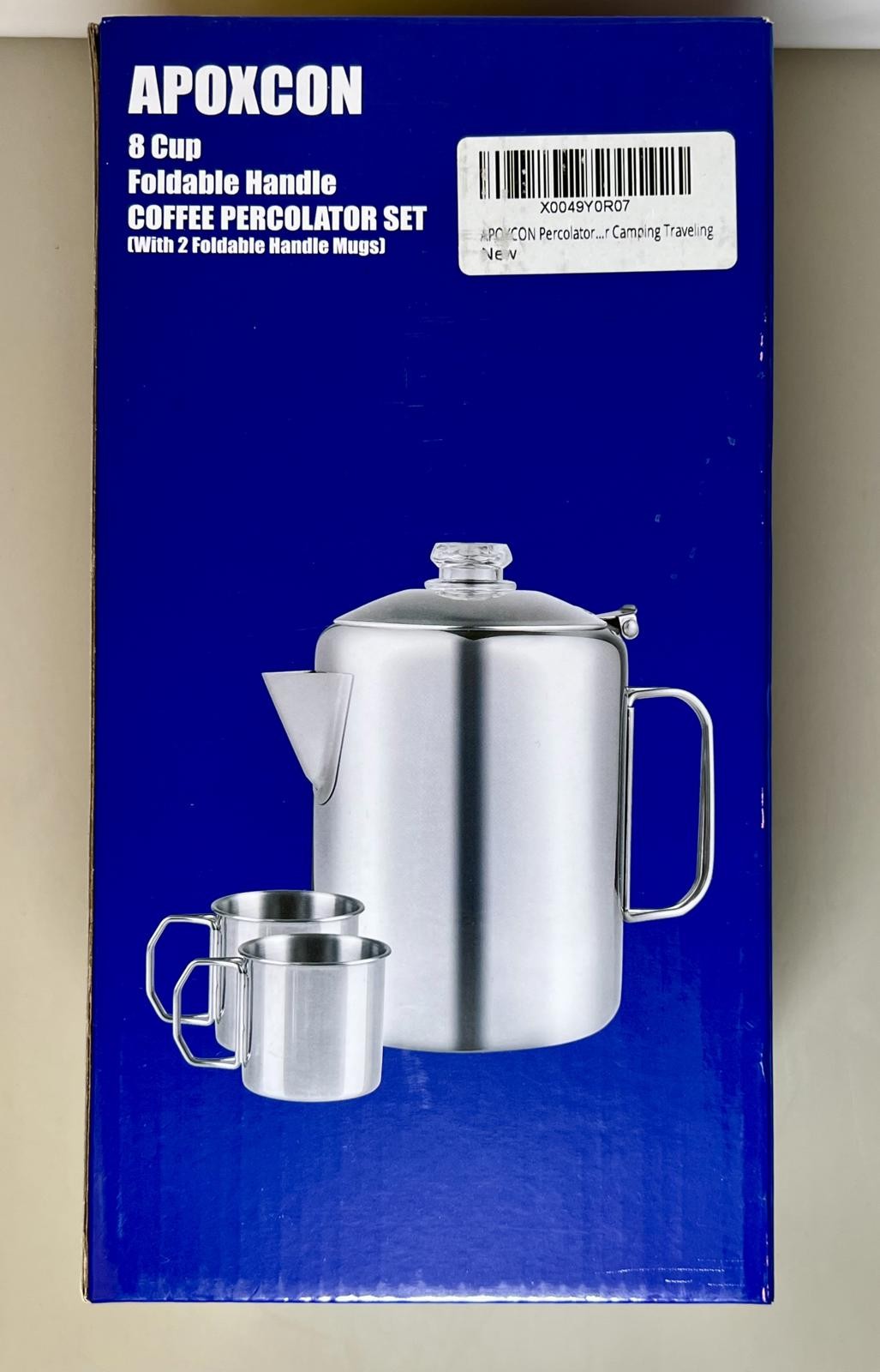 Coffee Percolator Set - 8 Cup Foldable Handle w/ 2 Foldable Handle Mugs
