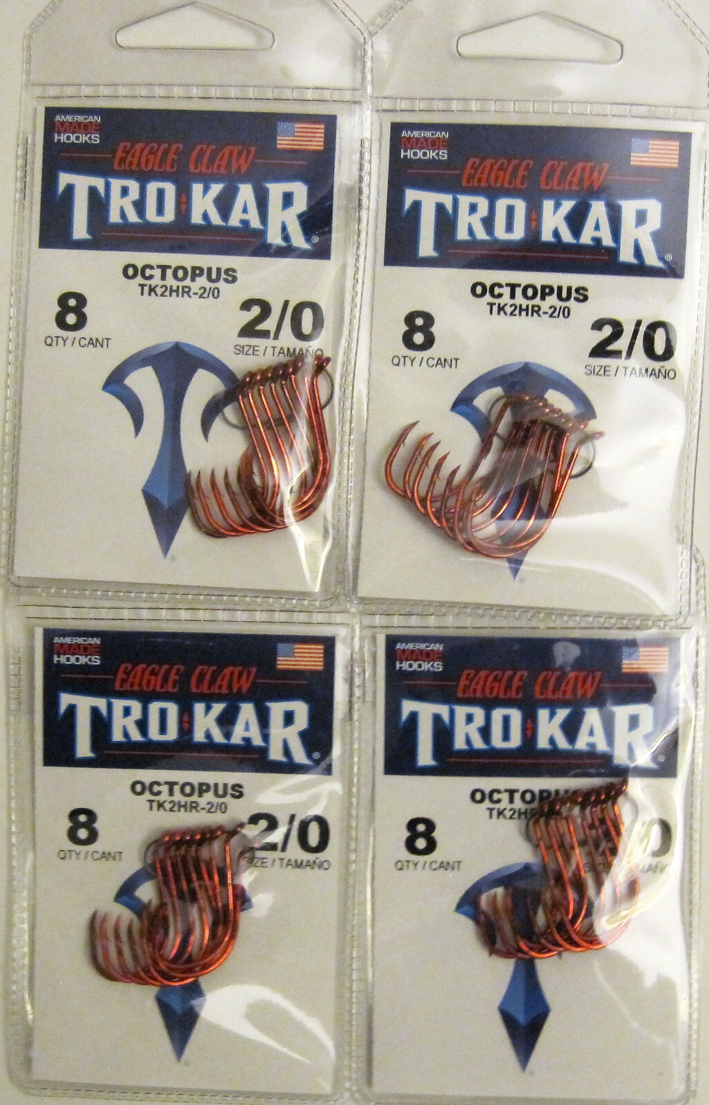 4 Packs Eagle Claw TK2HR Trokar Red Octopus Fish Hooks Size 2/0 3/0 4/0 USA Made
