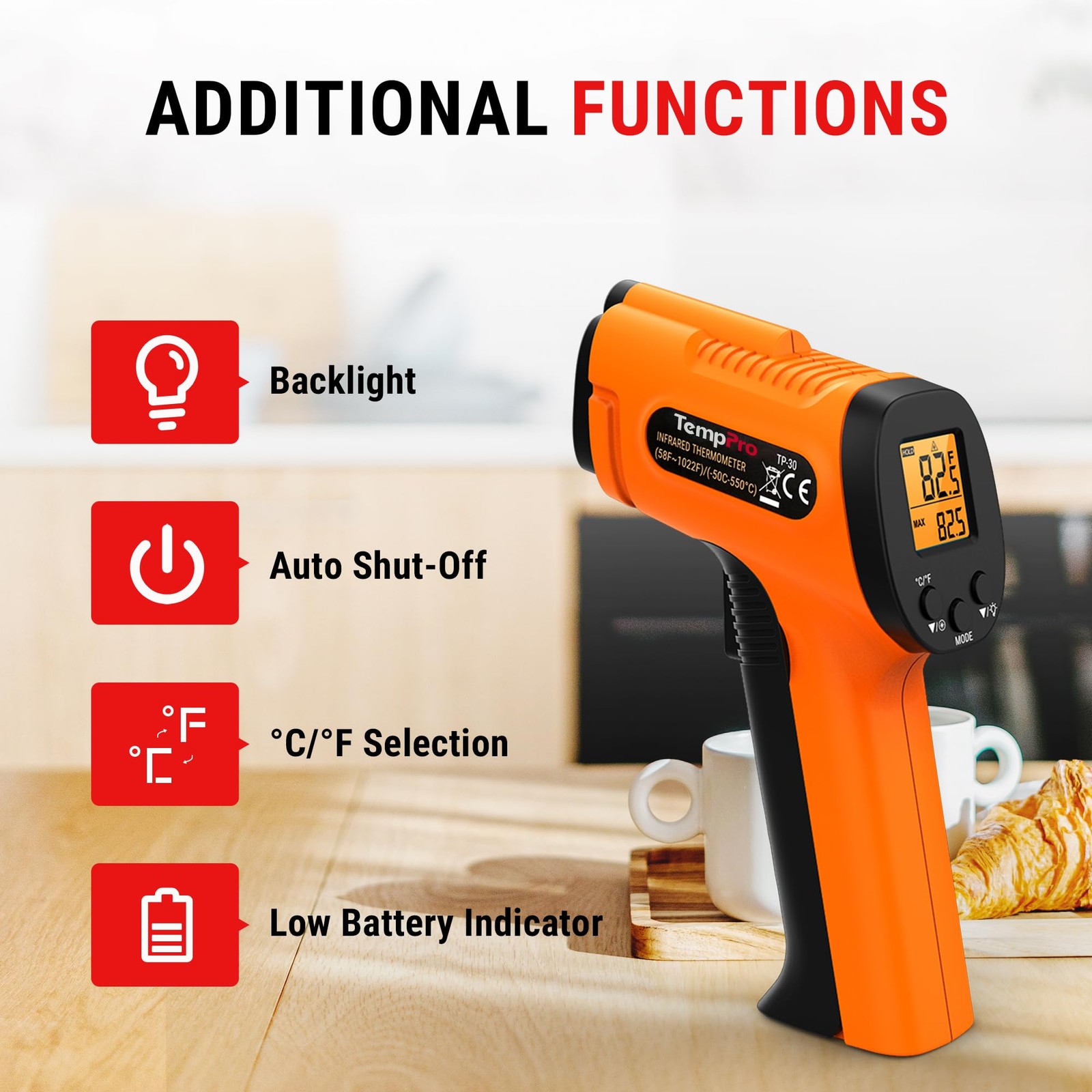 TP30 Thermometer , Laser Thermometer for Cooking, Pizza Oven, Griddle, Engine...