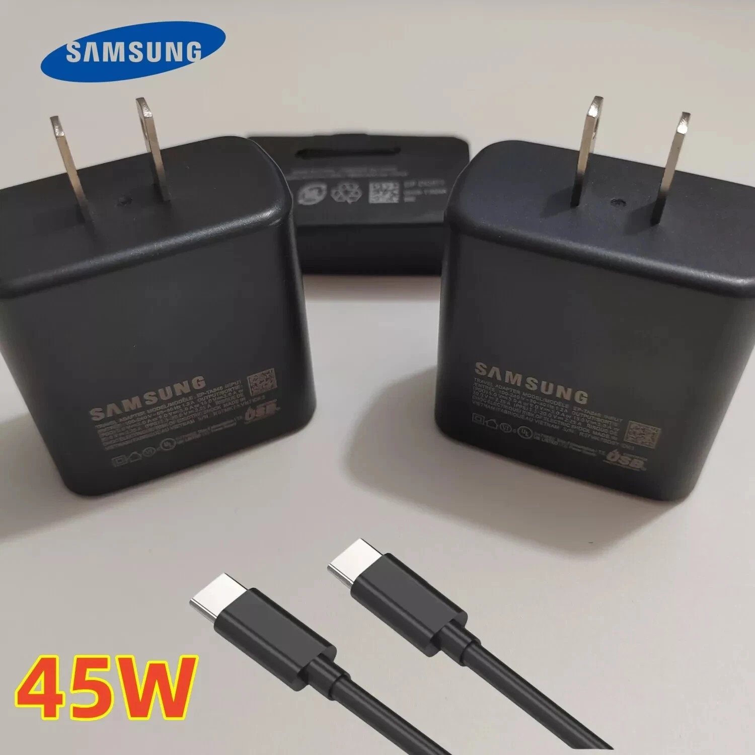 (Lot of 2 Sets) Samsung 45W Super Fast Charge AC Adapter + USB-C Cable - Black