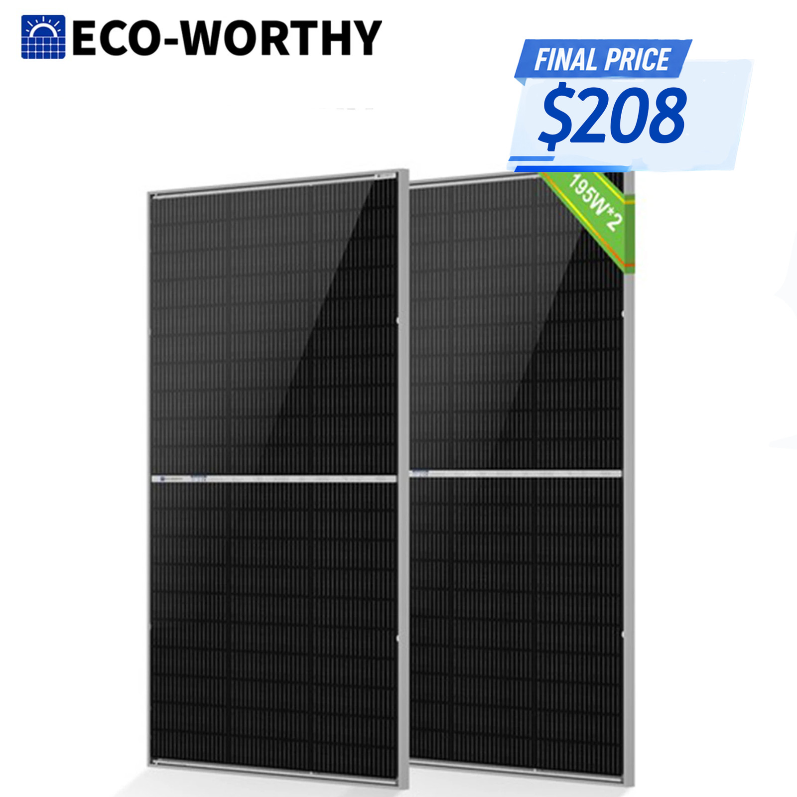 ECO-WORTHY 2Pack 195W N-Type 18BB Bifacial Solar Panels 25% High Conversion RV