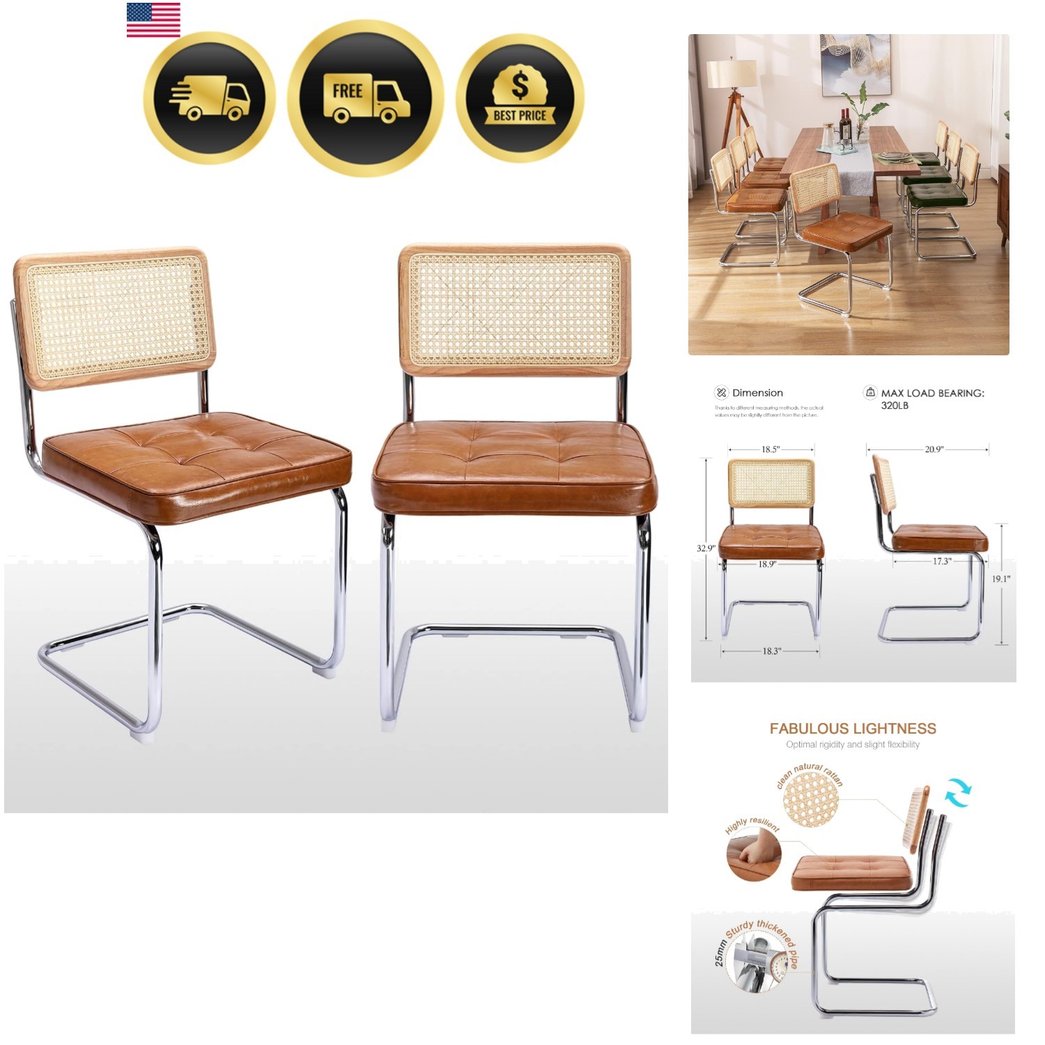 Natural Rattan Dining Chairs Set of 2, Modern Dining Room Chairs with Solid W...
