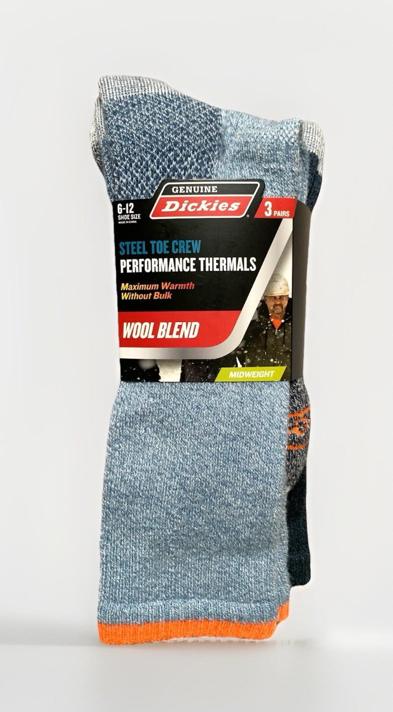 NEW Dickies 3pr LT BLUE/ORANGE Wool Blend Midweight Thermal Crew Socks Size 6-12