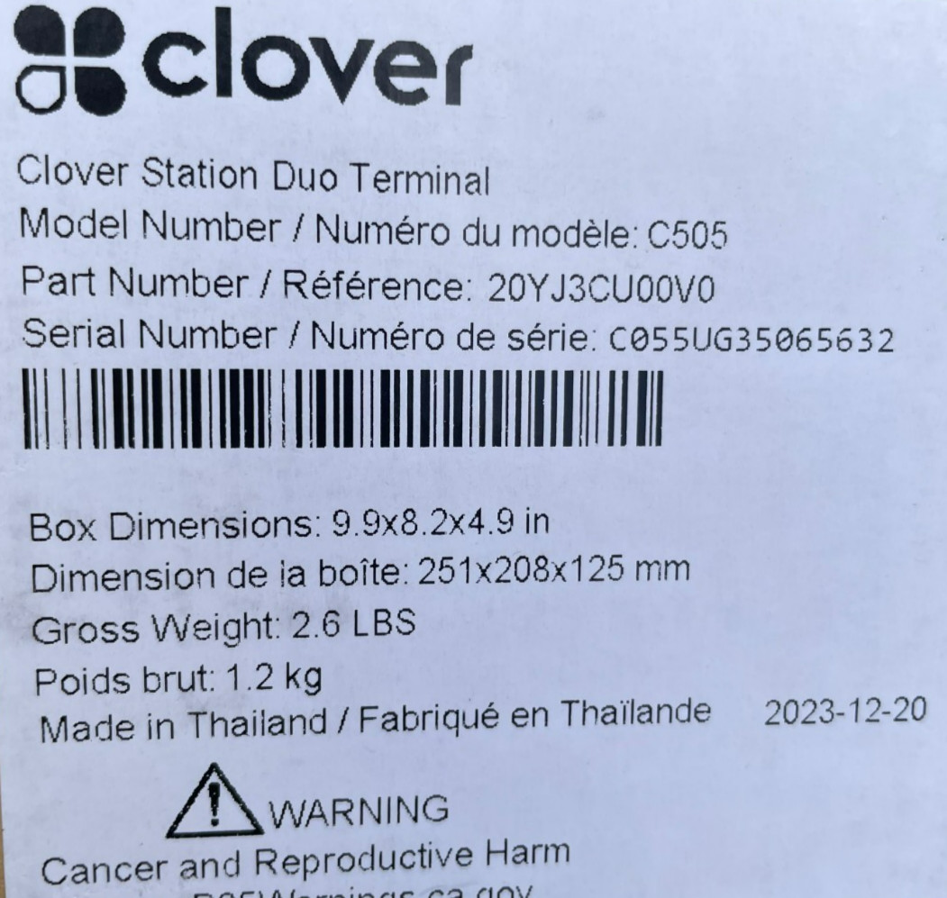 Clover Station System C500 / P500 / H505- Display Terminal Printer