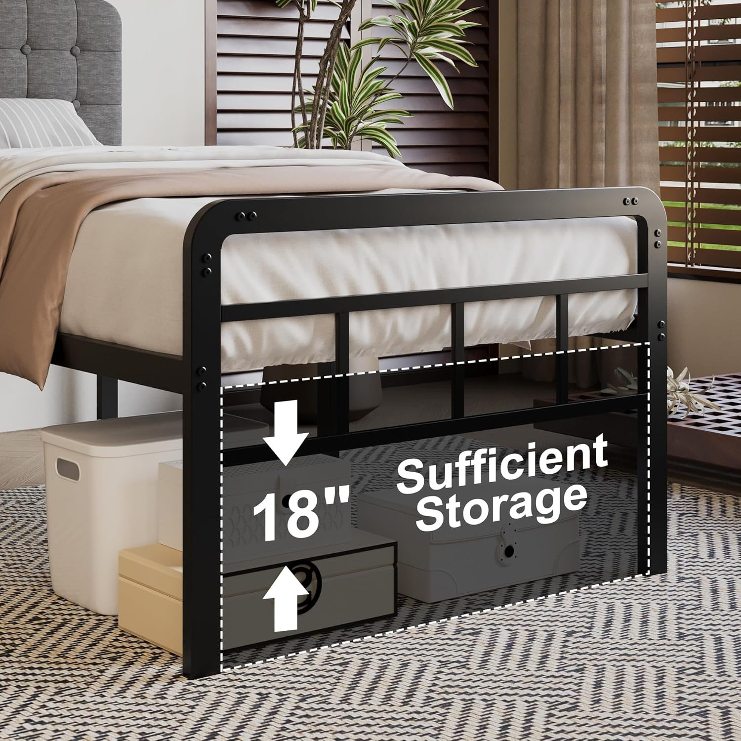 18 Inch Twin Bed Frame with Upholstered Headboard and Footboard, Heavy Duty Meta
