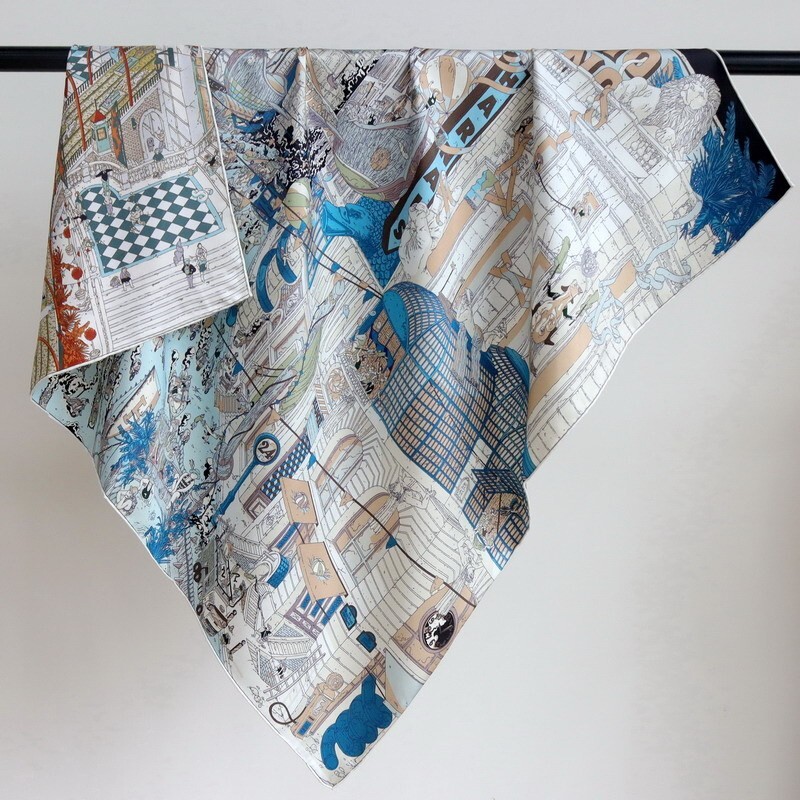 Sallys Twill Silk 18 Momme Double Face Scarf Stole Street Print Square Shawl 35"