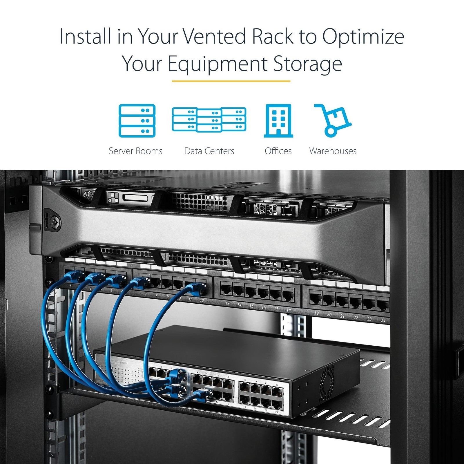 StarTech.com CABSHELFV 2U 16in Vented Fixed Rack Shelf 50lbs Max Capacity