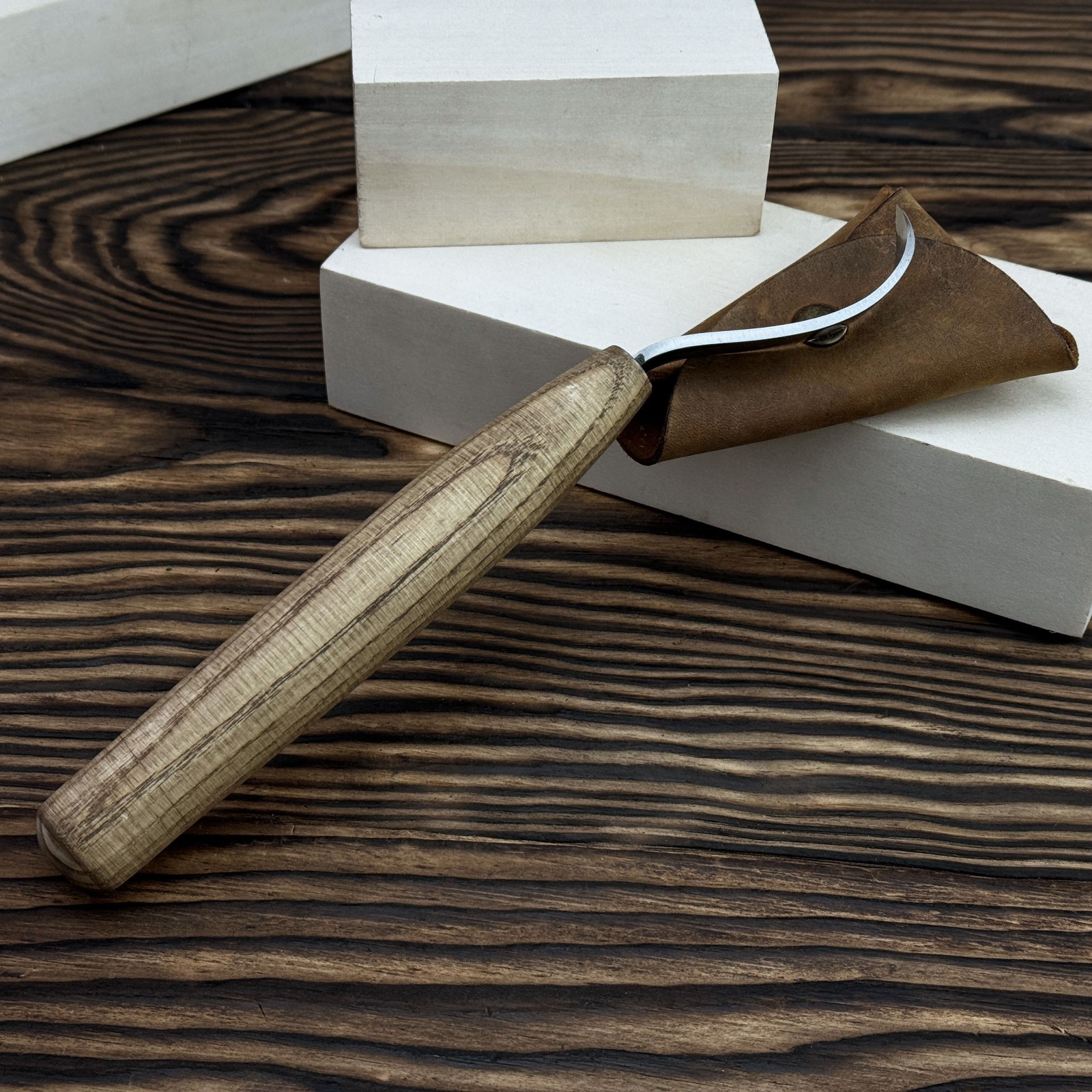 Long Hook Knife Hand-Forged with Leather Sheath 52100 Carbon Steel Blade Carver.