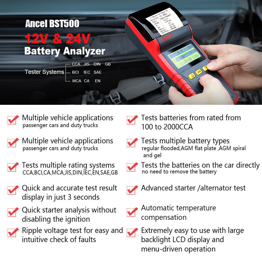 ANCEL BST500 Battery Tester with Printer 12V 24V Car Load Charging Cranking Test