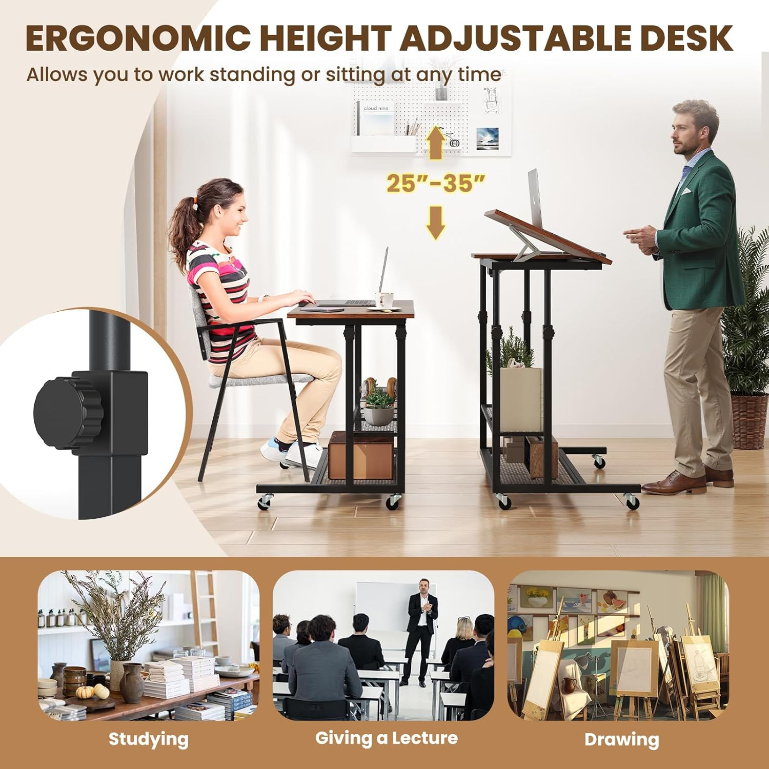 Mobile Standing Desk, Adjustable Rolling Computer Desk W/Tilting Desktop & Stora