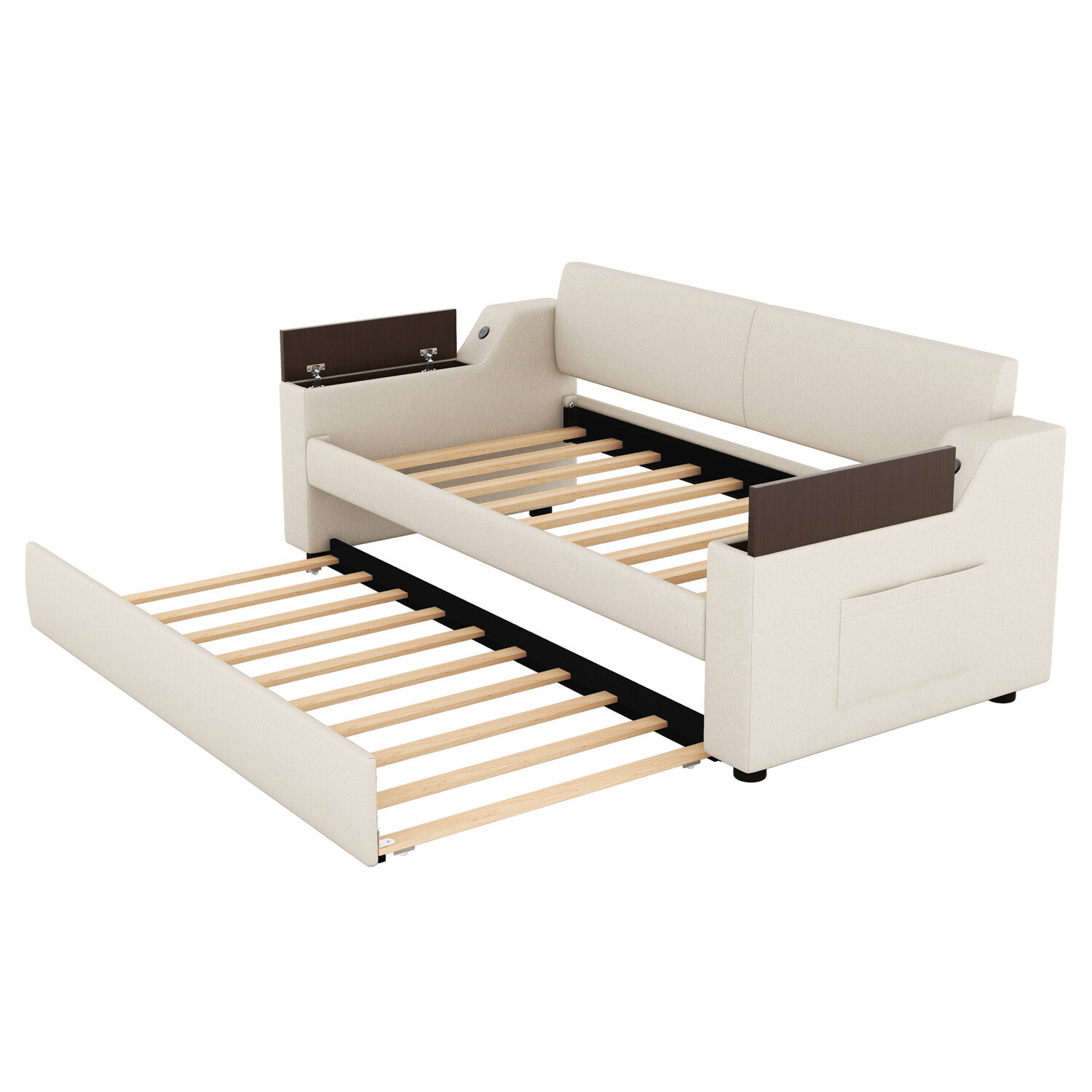Twin Size Daybed Upholstered Bed Frame Sofa Bed with Trundle Bed Beige