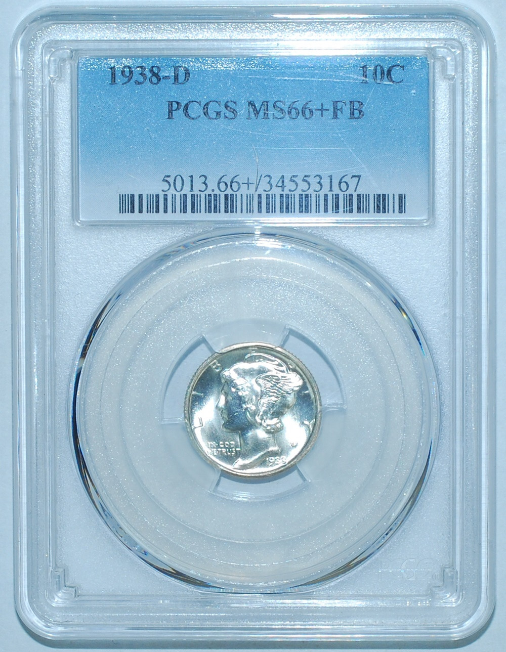 1938 D PCGS MS66+FB Full Bands Mercury Dime