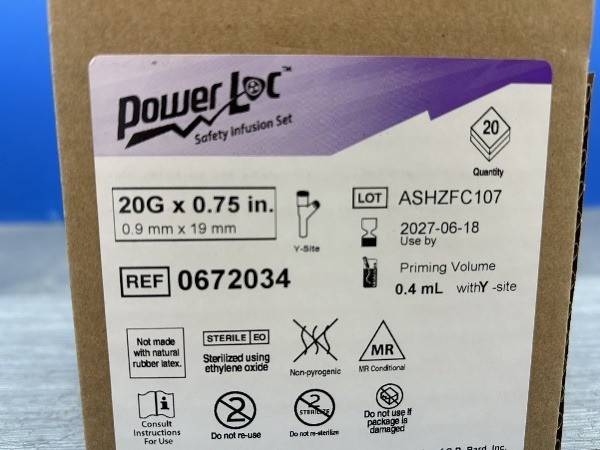 BOX OF 20 BARD POWERLOC SAFETY INFUSION 0.75" REF 0672034 – NO Y-SITE – EXP 2027
