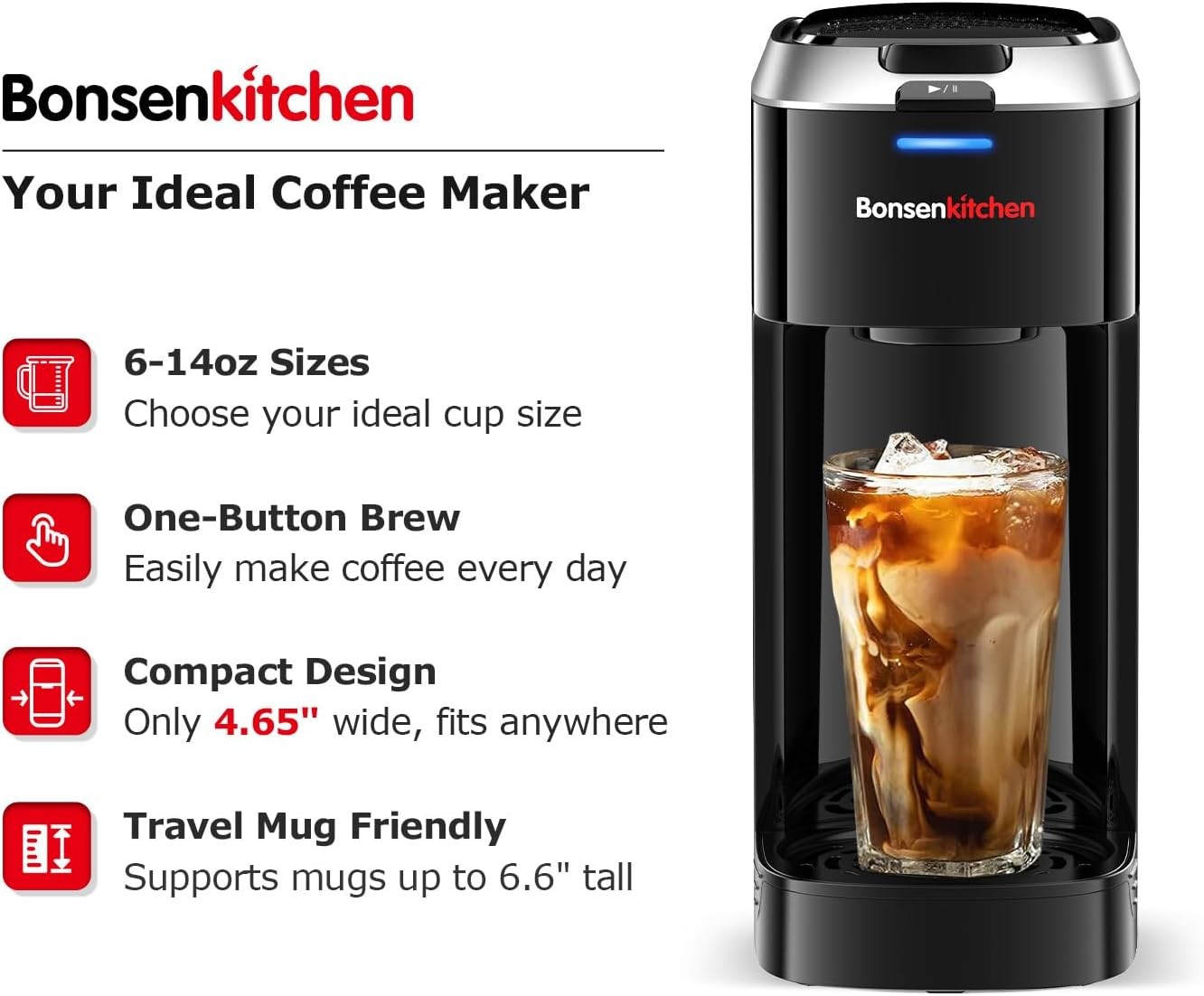 Bonsenkitchen Single Serve Coffee Maker K Cup Pod with 6-14oz Brew Size- 3 Min F